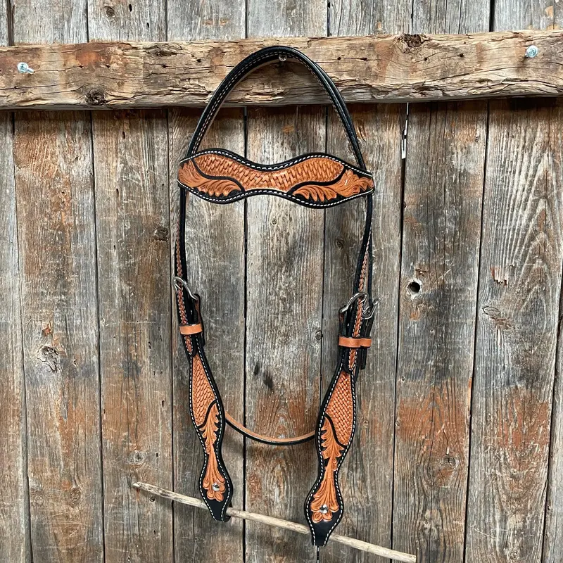 Basketweave - Leaf Scalloped Two Tone Browband Headstall/Bridle #23078 1