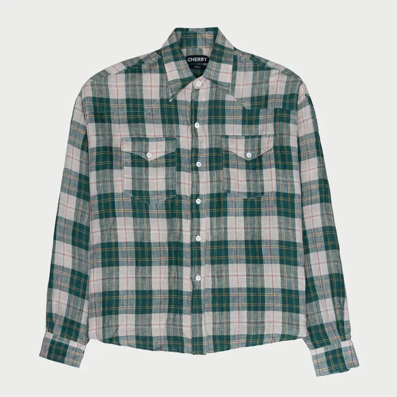Big Western Plaid Linen Shirt (Green) 1