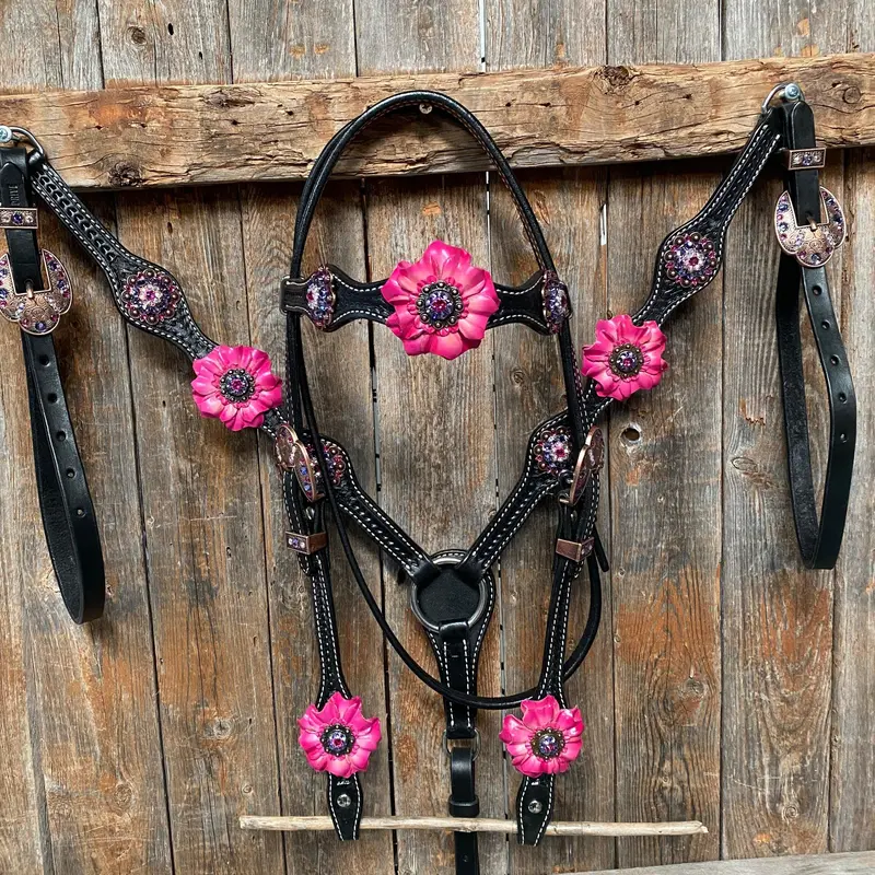 Black Basketweave Pink And Purple Browband/One Ear Tack Set  #Bbbc407 1