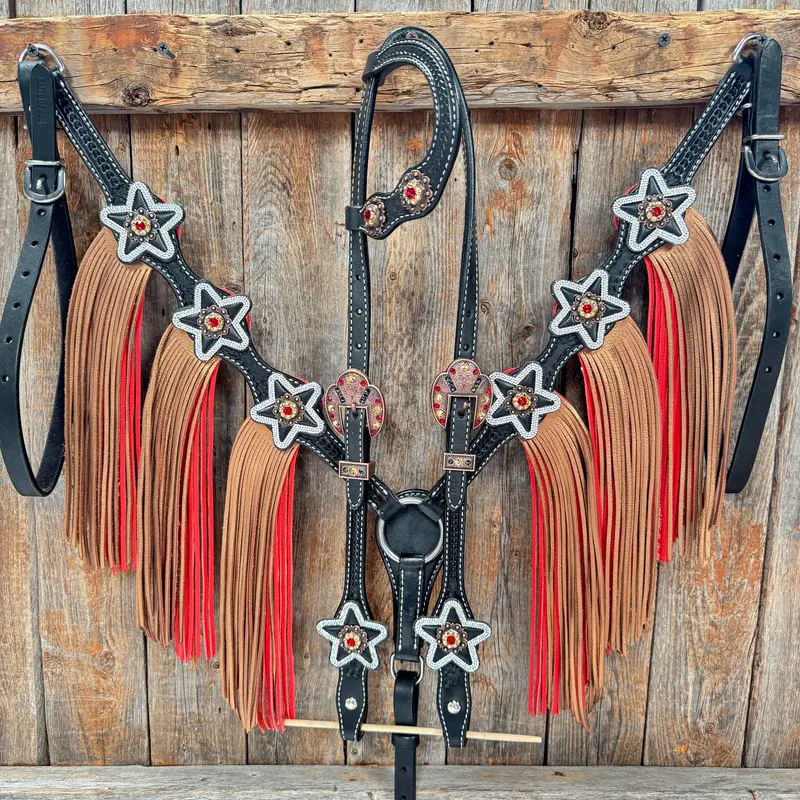 Black Basketweave Red And Copper One Ear Tack Set  #Oebc662 1