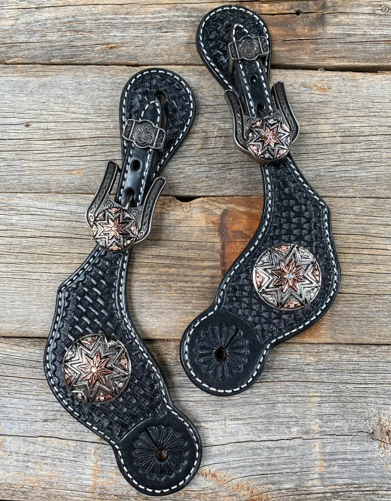 Black Basketweave Spur Straps - Antique Silver Starburst Conchos #Ss108 1