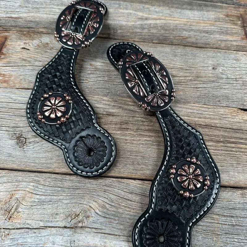 Black Basketweave Spur Straps - Copper Flower #Ss119 1