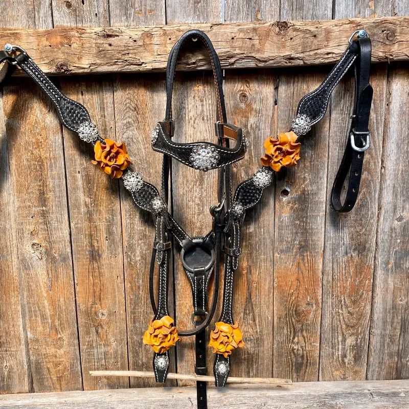 Black Basketweave Yellow And Clear Browband / One Ear Tack Set #Bbbc442 1