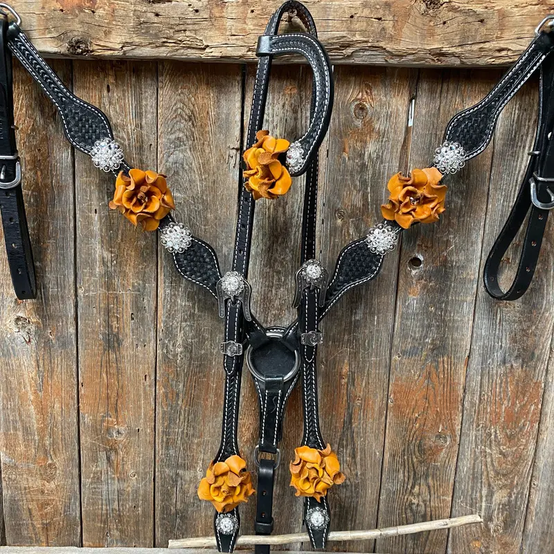 Black Basketweave Yellow And Clear Browband / One Ear Tack Set #Bbbc442 2
