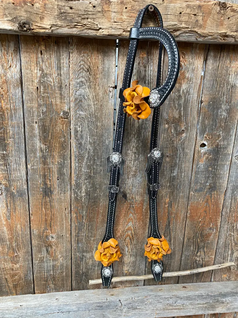 Black Basketweave Yellow And Clear Browband / One Ear Tack Set #Bbbc442 4