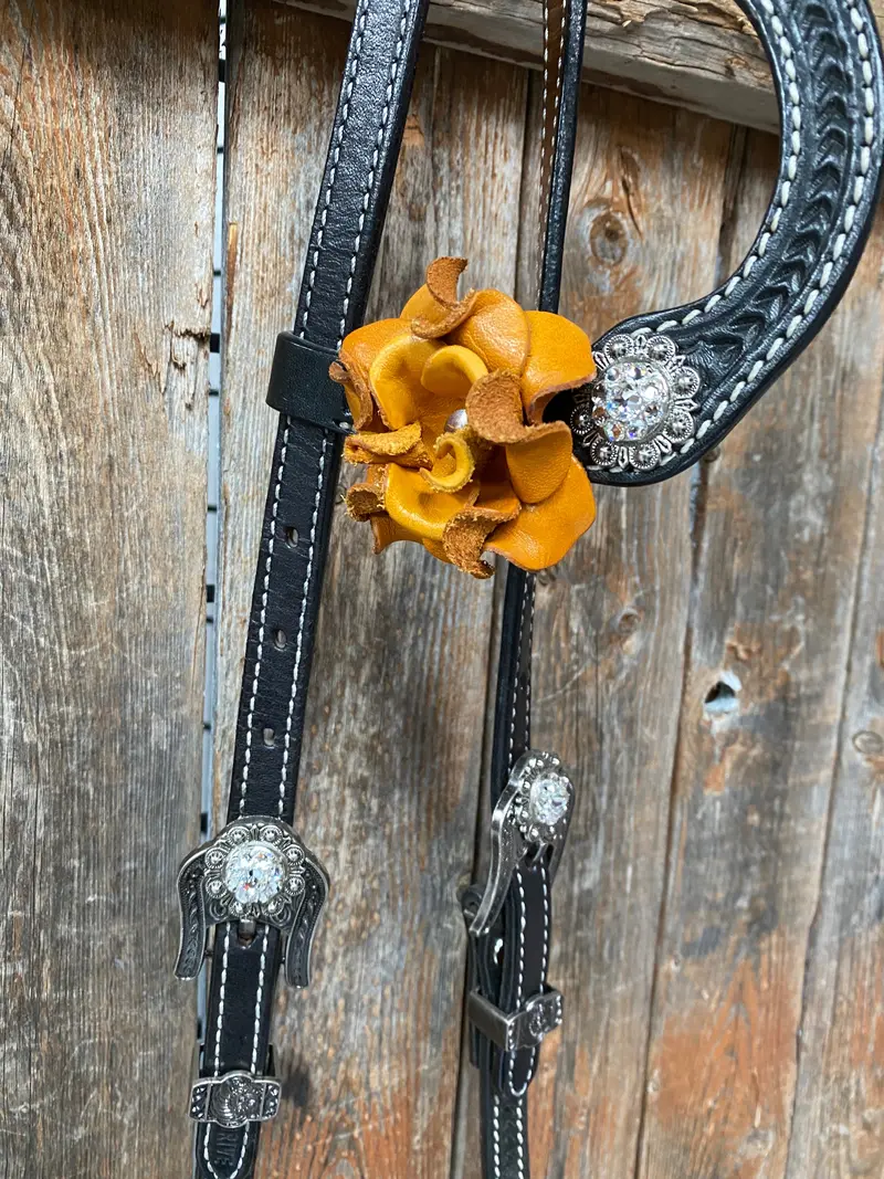 Black Basketweave Yellow And Clear Browband / One Ear Tack Set #Bbbc442 4