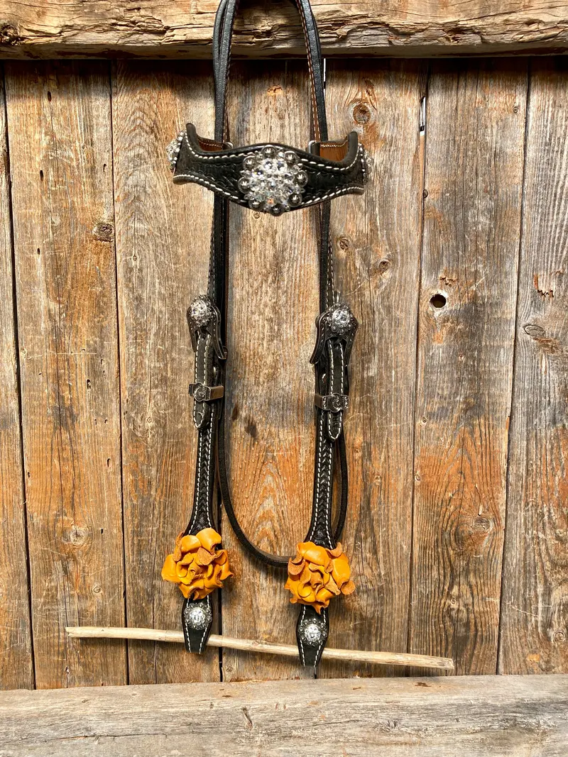 Black Basketweave Yellow And Clear Browband / One Ear Tack Set #Bbbc442 5
