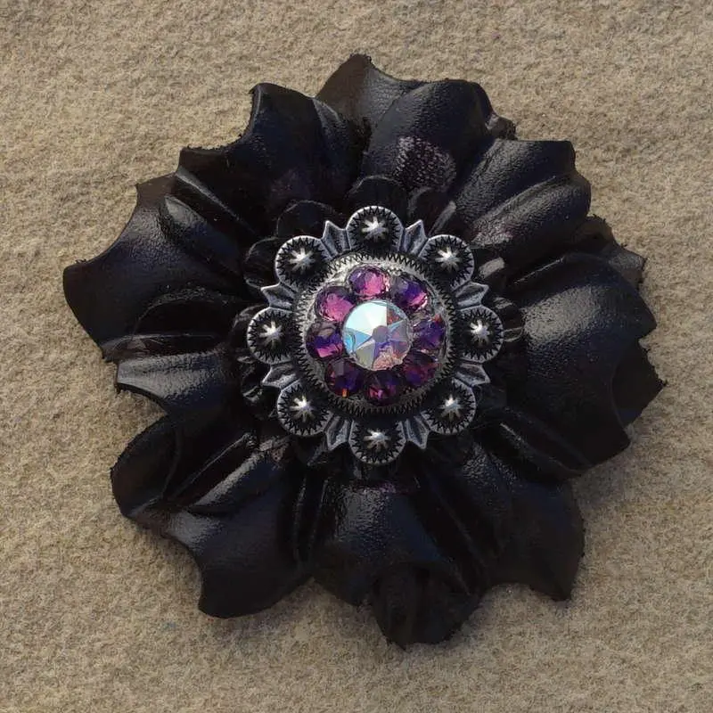 Black Carnation Flower With Antique Silver Amethyst And Ab 1" Concho 1