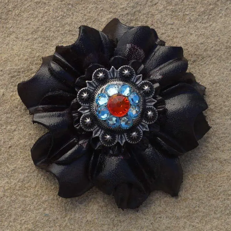 Black Carnation Flower With Antique Silver Fire Opal And Aqua 1" Concho 1