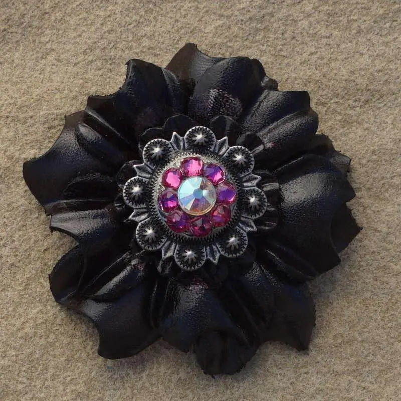 Black Carnation Flower With Antique Silver Fuchsia And Ab 1" Concho 1