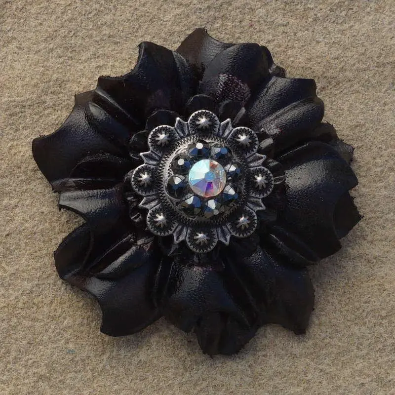 Black Carnation Flower With Antique Silver Jet And Ab 1" Concho 1