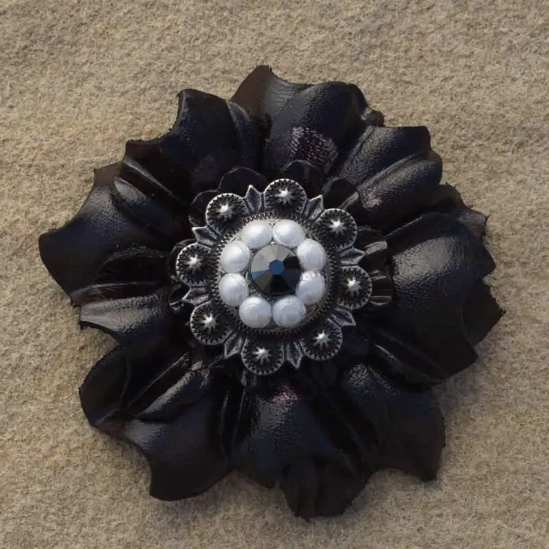 Black Carnation Flower With Antique Silver Pearl & Jet 1" Concho 1