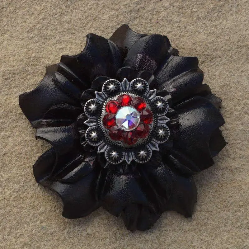 Black Carnation Flower With Antique Silver Ruby And Ab 1" Concho 1