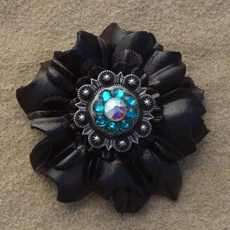 Black Carnation Flower With Antique Silver Teal And Ab 1" Concho 1