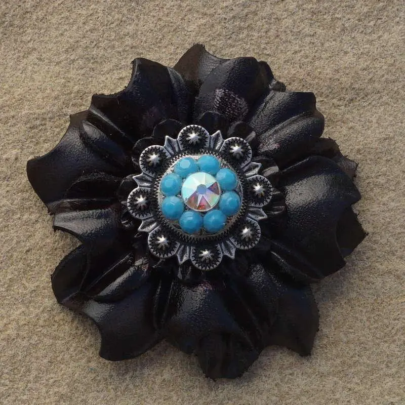 Black Carnation Flower With Antique Silver Turquoise And Ab 1" Concho 1