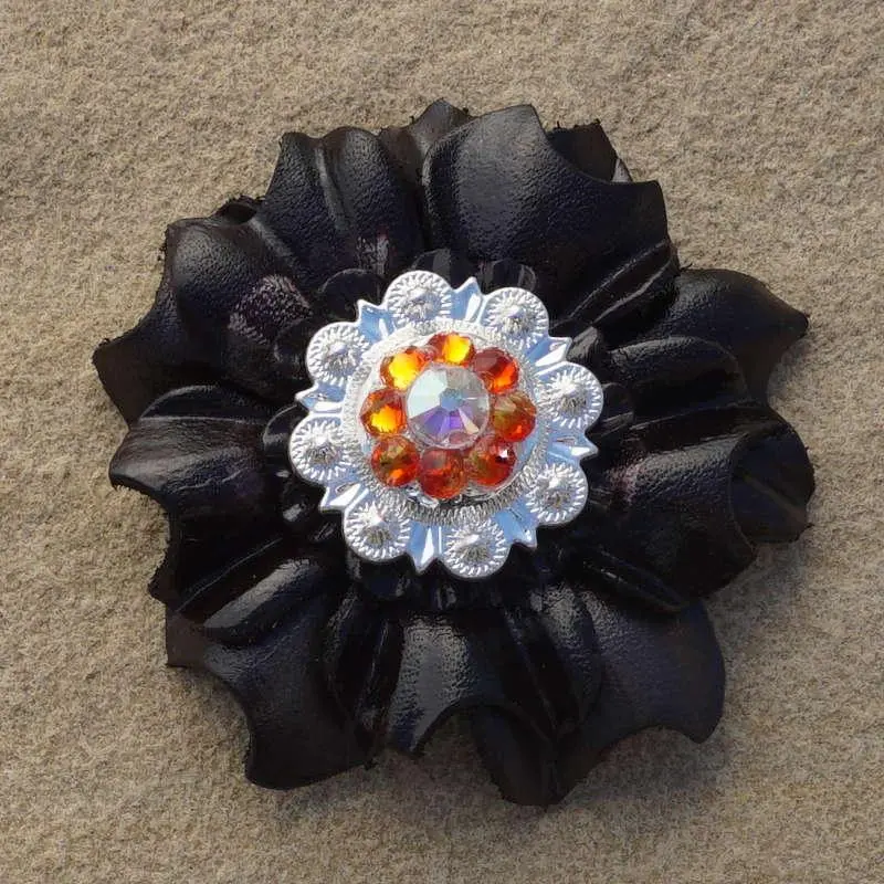 Black Carnation Flower With Bright Silver Fire Opal And Ab 1" Concho 1