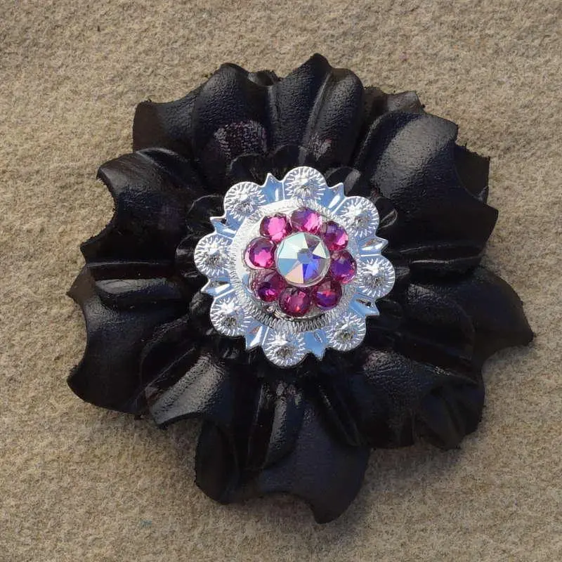 Black Carnation Flower With Bright Silver Fuchsia And Ab 1" Concho 1
