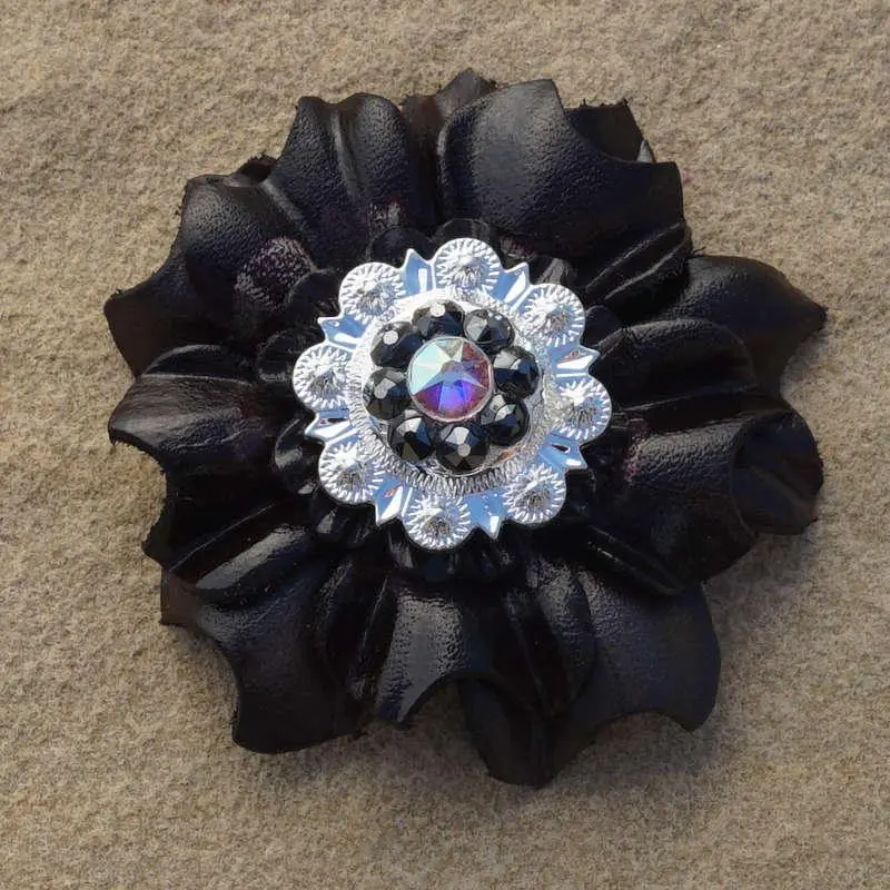 Black Carnation Flower With Bright Silver Jet And Ab 1" Concho 1