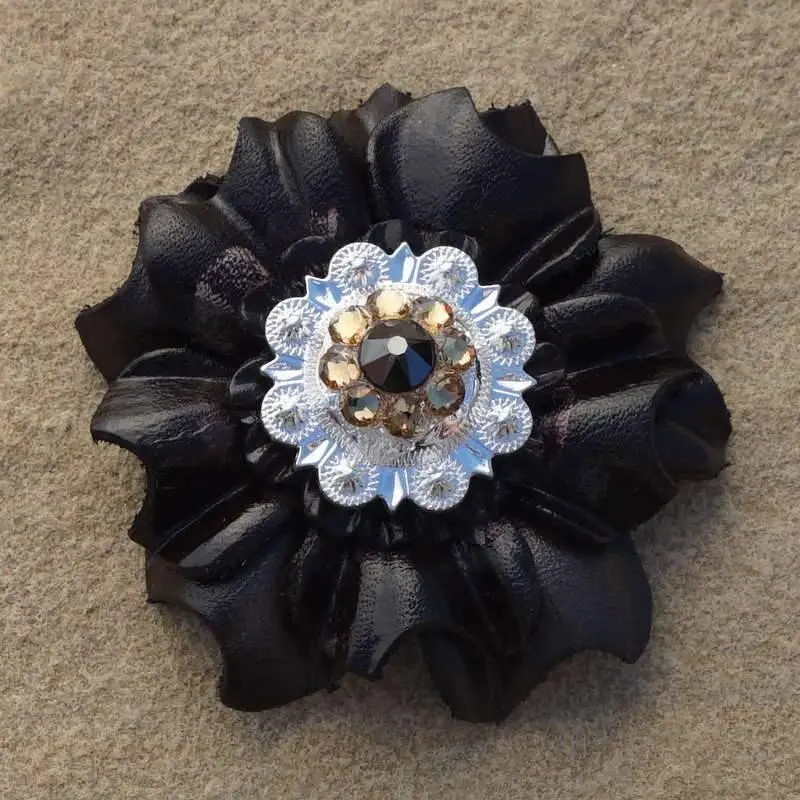 Black Carnation Flower With Bright Silver Jet & Champagne 1" Concho 1