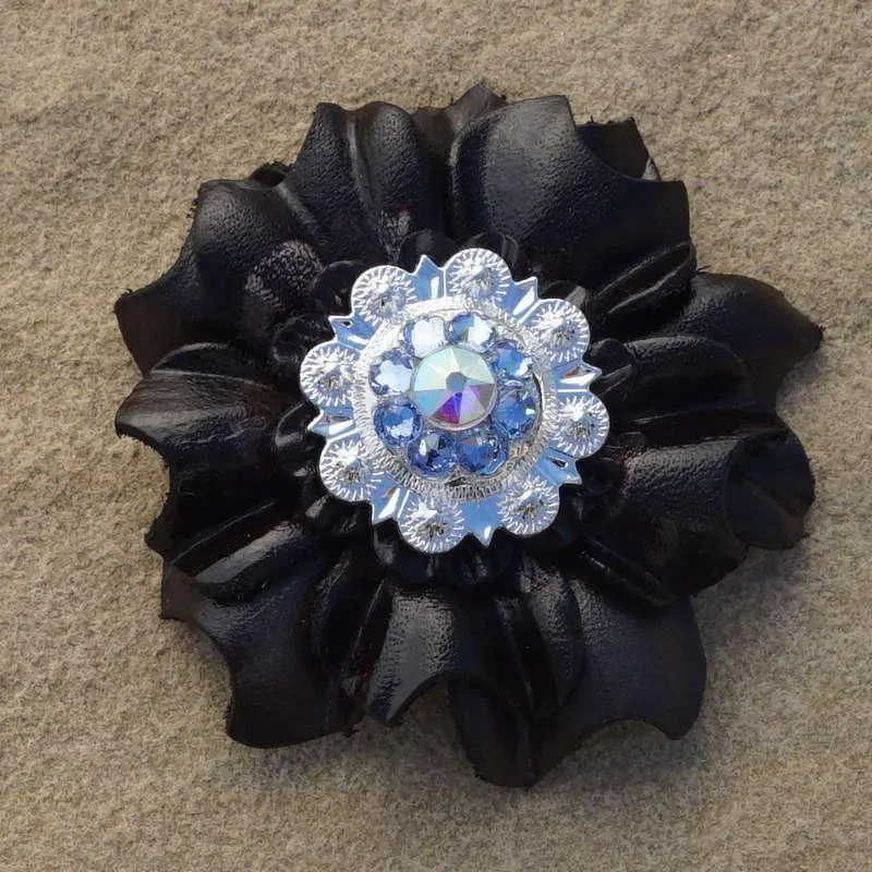Black Carnation Flower With Bright Silver Light Sapphire And Ab 1" Concho 1