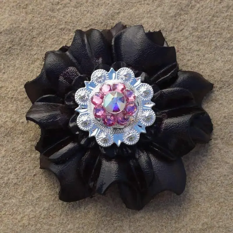 Black Carnation Flower With Bright Silver Pink & Ab 1" Concho 1