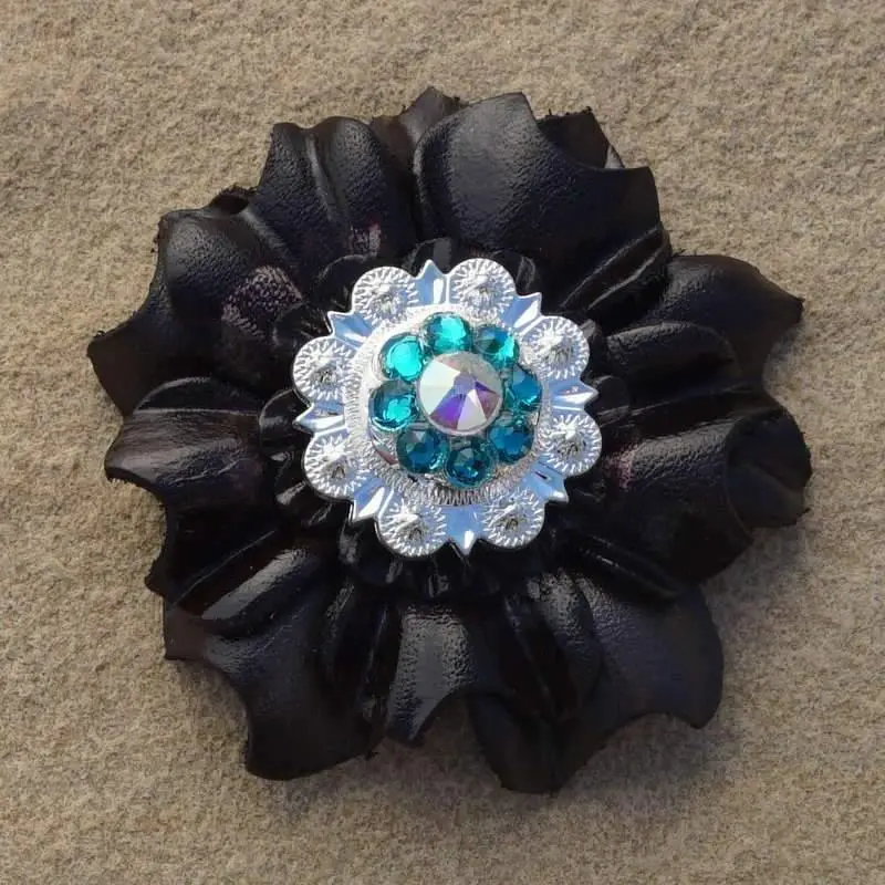 Black Carnation Flower With Bright Silver Teal & Ab 1" Concho 1