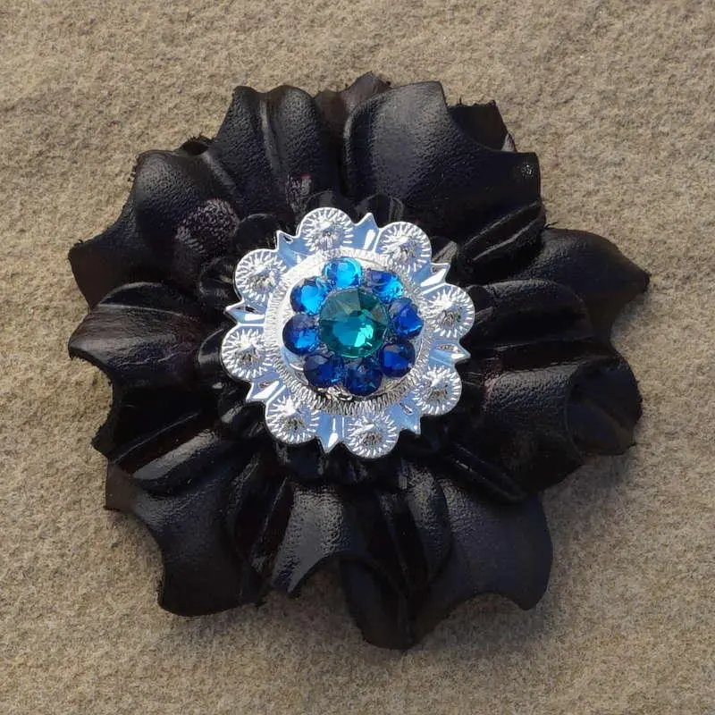 Black Carnation Flower With Bright Silver Teal And Capri 1" Concho 1