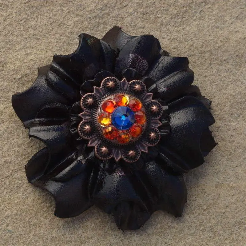 Black Carnation Flower With Copper Capri And Fire Opal 1" Concho 1
