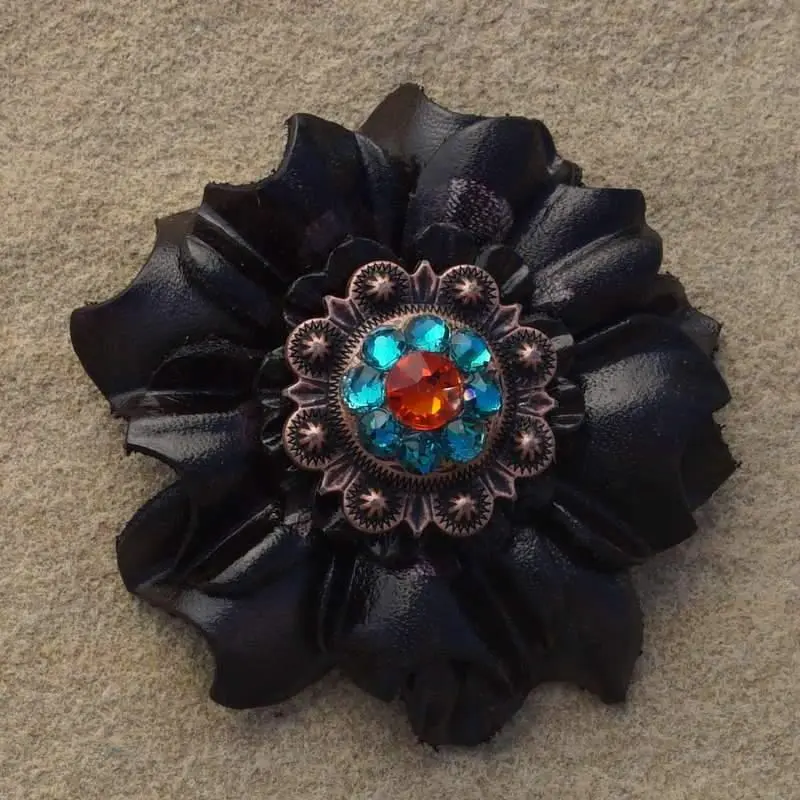 Black Carnation Flower With Copper Fire Opal & Teal 1" Concho 1