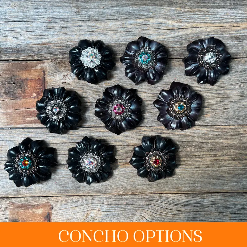 Black Carnations Leather Flowers - 1" Crystal Conchos - Options 1
