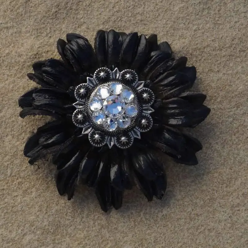 Black Daisy Flower With Antique Silver Clear 1" Concho 1