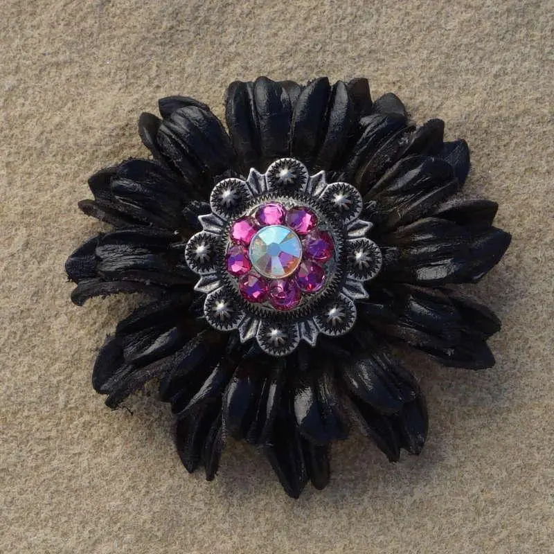 Black Daisy Flower With Antique Silver Fuchsia And Ab 1" Concho 1