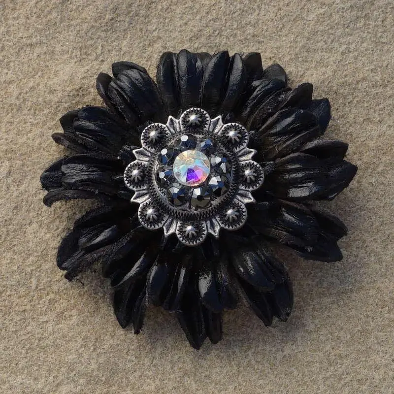 Black Daisy Flower With Antique Silver Jet And Ab 1" Concho 1