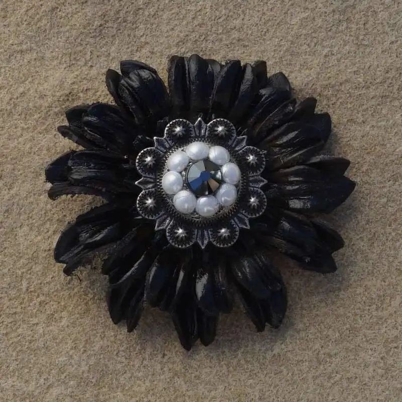 Black Daisy Flower With Antique Silver Jet & Pearl 1" Concho 1