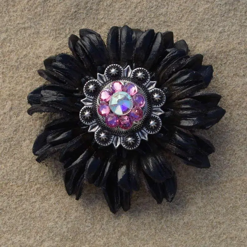 Black Daisy Flower With Antique Silver Pink And Ab 1" Concho 1