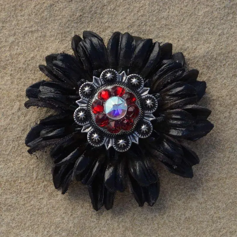 Black Daisy Flower With Antique Silver Ruby And Ab 1" Concho 1