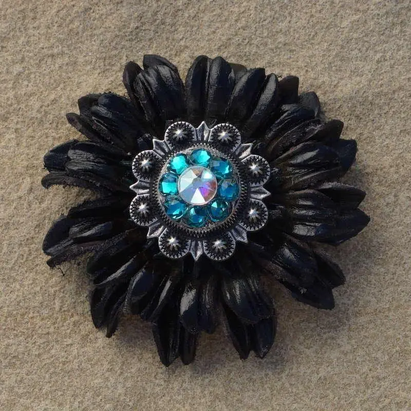 Black Daisy Flower With Antique Silver Teal And Ab 1" Concho 1