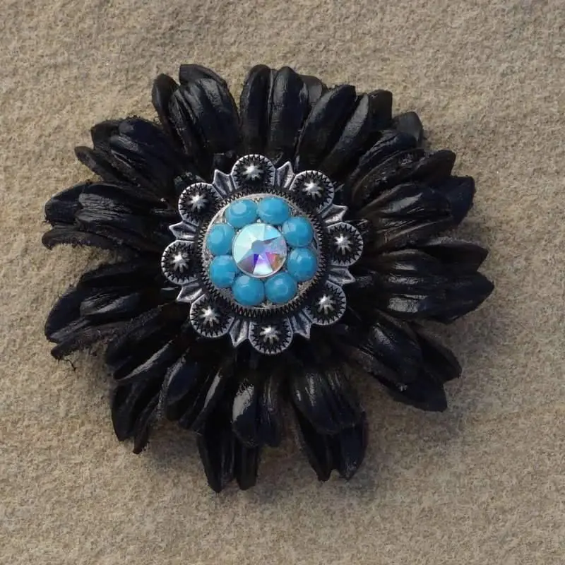 Black Daisy Flower With Antique Silver Turquoise & Ab 1" Concho 1