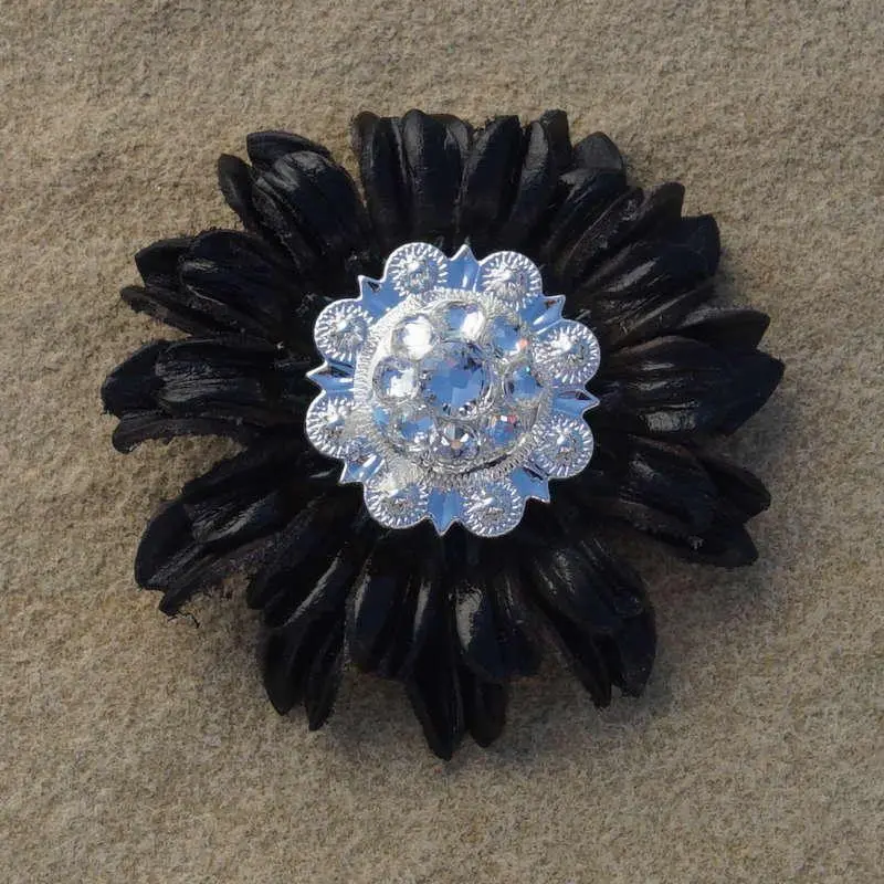 Black Daisy Flower With Bright Silver Clear 1" Concho 1