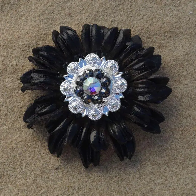 Black Daisy Flower With Bright Silver Jet And Ab 1" Concho 1