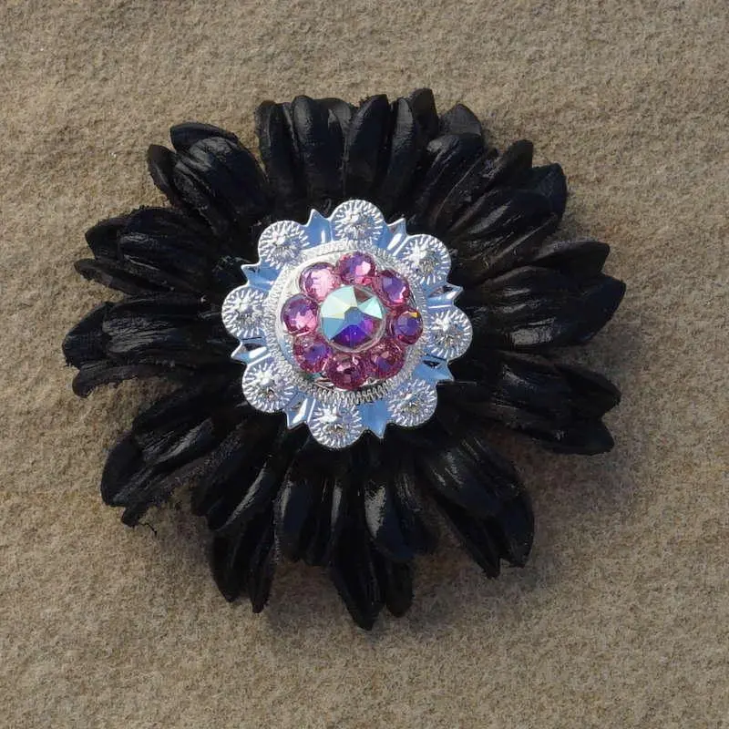 Black Daisy Flower With Bright Silver Pink And Ab 1" Concho 1