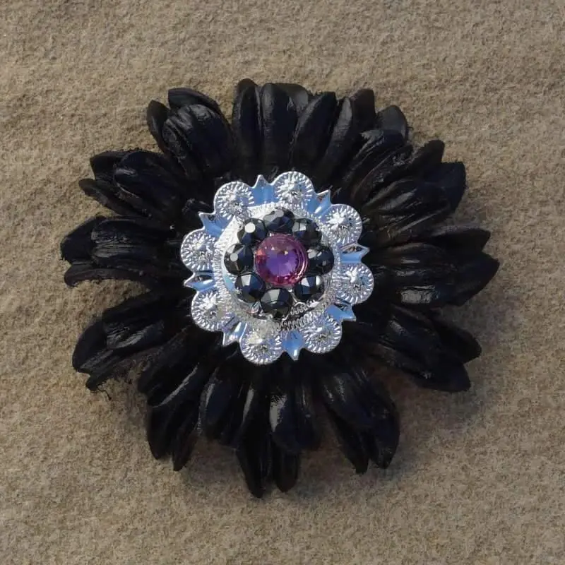 Black Daisy Flower With Bright Silver Pink & Jet 1" Concho 1