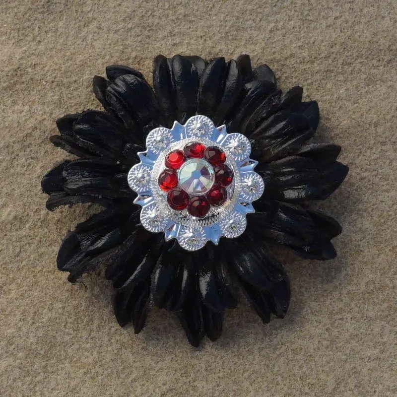 Black Daisy Flower With Bright Silver Ruby And Ab 1" Concho 1