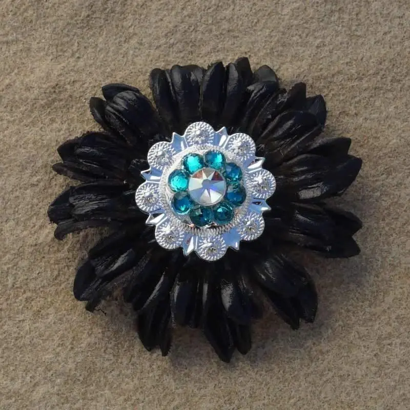 Black Daisy Flower With Bright Silver Teal & Ab 1" Concho 1