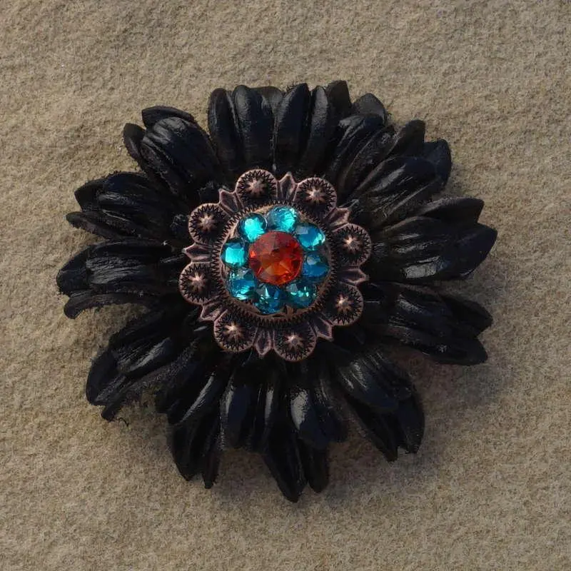 Black Daisy Flower With Copper Fire Opal And Teal 1" Concho 1