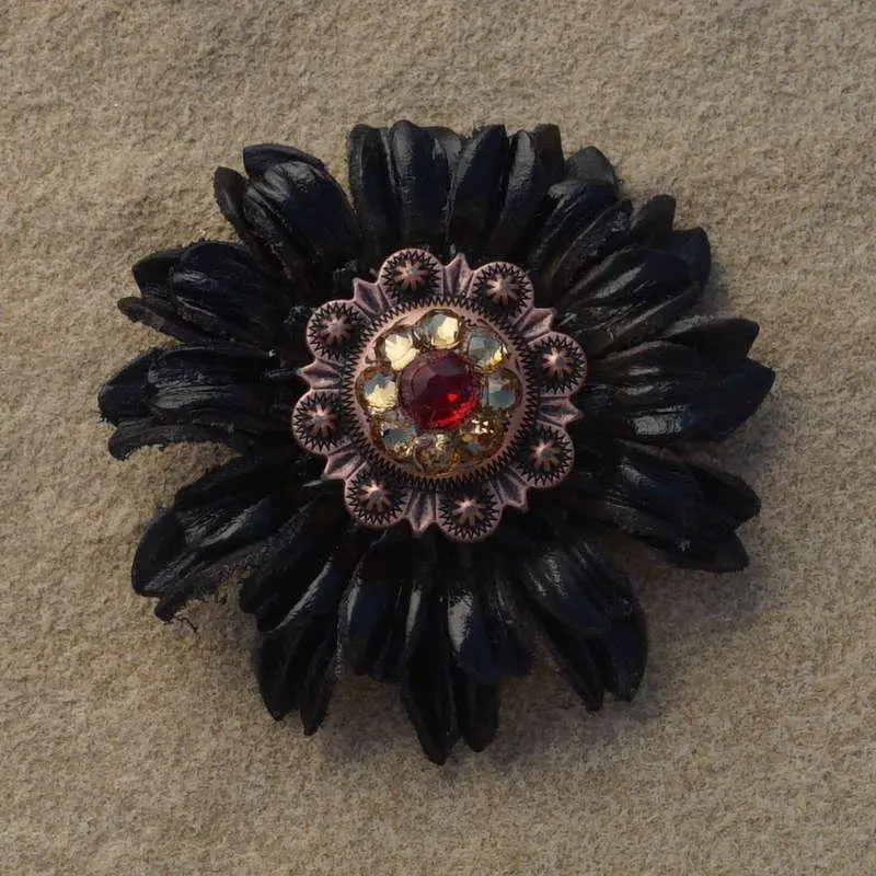 Black Daisy Flower With Copper Ruby And Champagne 1" Concho 1