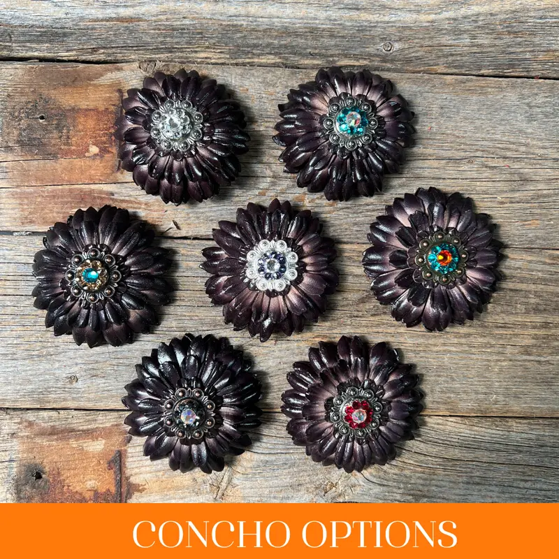 Black Daisy Leather Flowers - 1" Crystal Conchos - Options 1