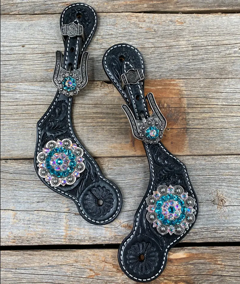 Black Floral Spur Straps - Antique Silver Crystal Conchos #Ss112 1
