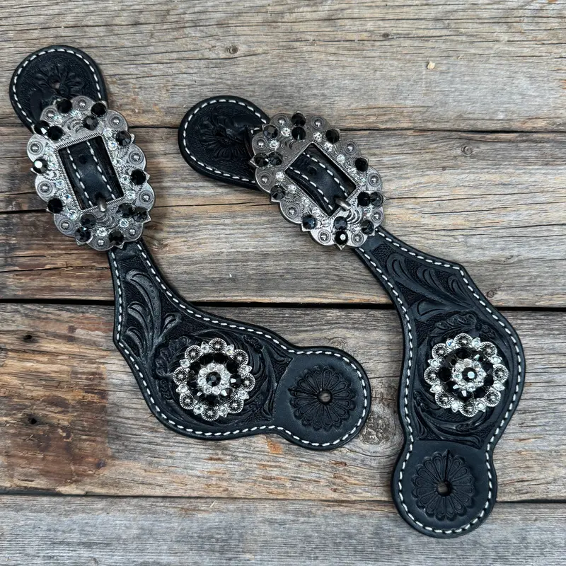 Black Floral Spur Straps - Antique Silver Crystal Conchos #Ss115 1