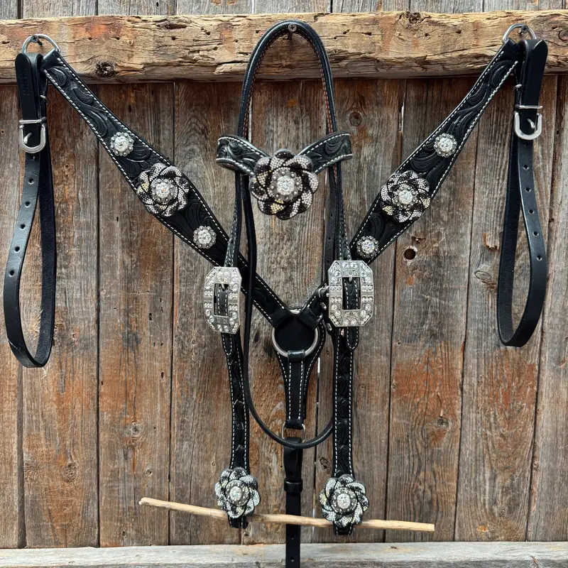 Black Floral Tooled Black And White Bling Browband & Breastcollar Tack Set #Bbbc653 1